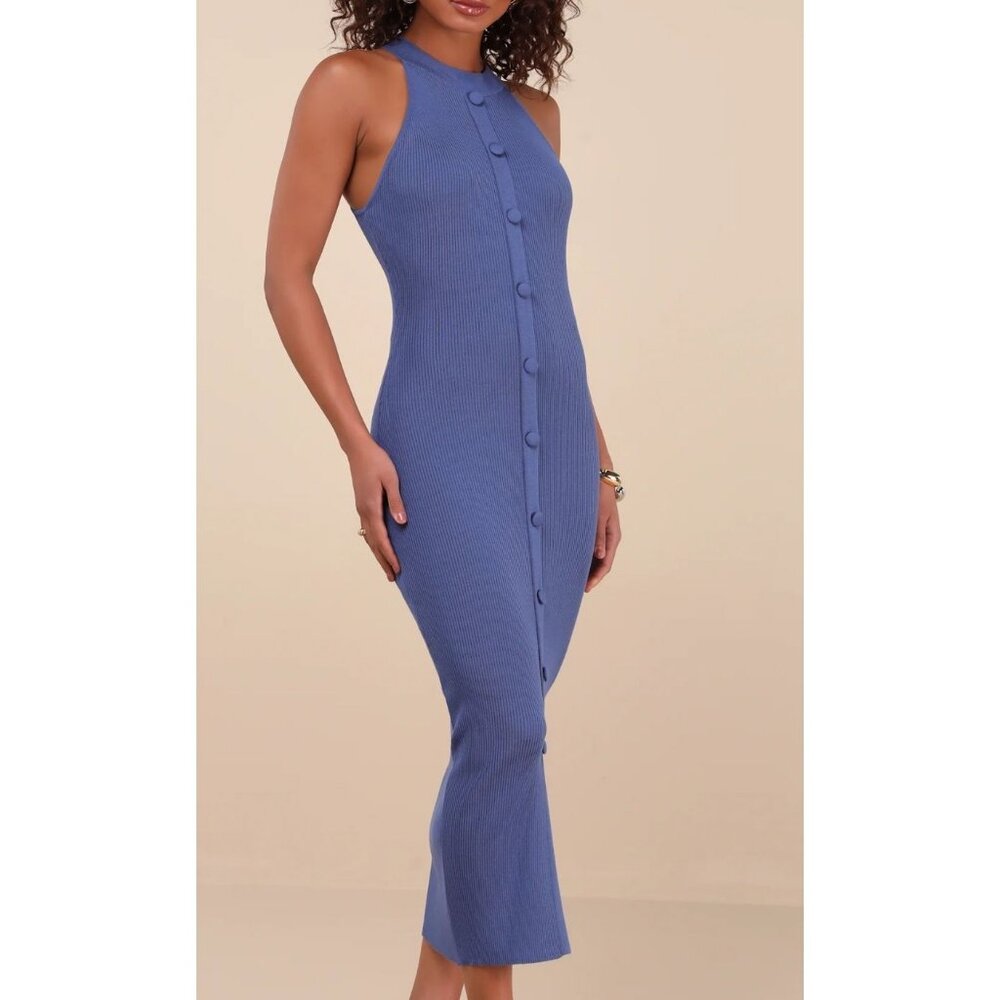 Lulu's Periwinkle Ribbed Button-Front Midi Dress